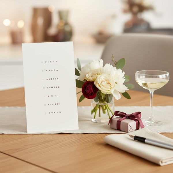 Trixi Gronau invitation postcard from Bordeaux set, slim DL portrait postcard in white paper with vertical menu checklist FISCH PASTA SUESSES GEMUESE BROT FLEISCH SUPPE, each with a small empty checkbox, in fine bordeaux-burgundy spaced capital letters ce