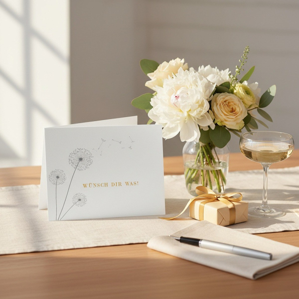 Trixi Gronau congratulations card WÜNSCH DIR WAS, B6 landscape in white pearlescent paper with three delicate grey dandelions on the left and WUENSCH DIR WAS! in mustard-yellow sans-serif on the right. On a warm light-oak desk with cream linen runner, bes