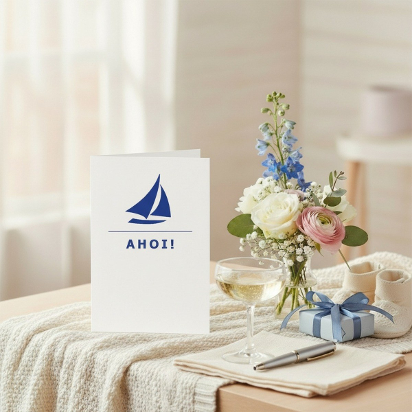 Trixi Gronau AHOI! greeting card, B6 portrait in white paper with a small refined deep-navy sailboat motif centered on the upper third, and below it the word AHOI! in fine spaced deep-navy serif capitals. On a light oak desk with a small vase of white peo