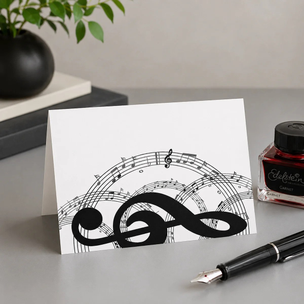 Trixi Gronau CLEF Notenschluessel Musikkarte, B6 Querformat in weissem Papier mit elegantem schwarzen Notenschluessel und feinen Notenlinien quer ueber die Karte. Aufgestellt auf hellem Eichen-Schreibtisch mit kleiner Vase weisser Pfingstrosen, Eukalyptus