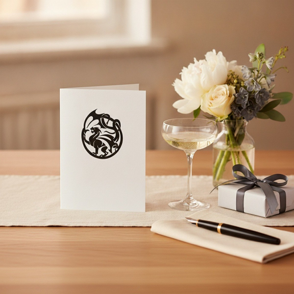Trixi Gronau DRACHEN white greeting card, B6 portrait in white paper with a fine black heraldic dragon emblem (dragon in a circular frame) centered on the upper third. On a light oak desk with a small vase of white peonies, eucalyptus and dark grey delphi