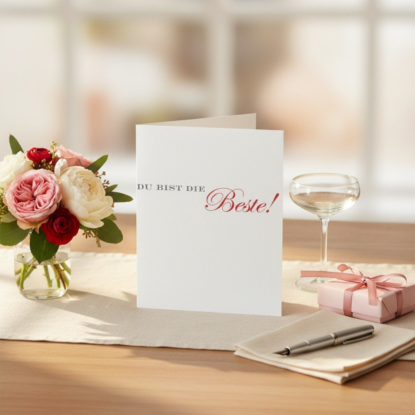 Trixi Gronau greeting card DU BIST DIE BESTE, B6 portrait in white pearlescent paper with grey serif type and large red calligraphic script Beste!. On a warm light-oak desk with cream linen runner, beside soft pink garden roses, white peonies, eucalyptus 