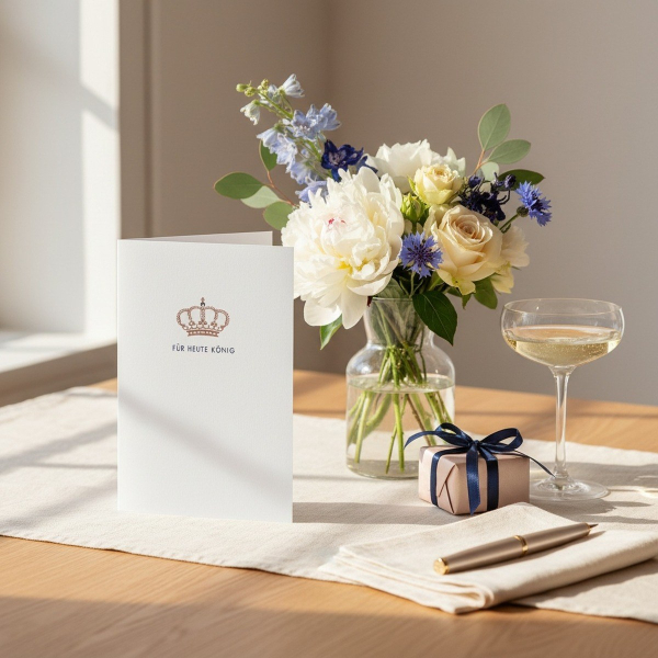 Trixi Gronau greeting card FOR TODAY KING, B6 portrait in white pearlescent paper with a small antique-rose-gold crown and dark gem accent, below it FUER HEUTE KOENIG in fine navy-blue sans-serif. On a warm light-oak desk with cream linen runner, beside w