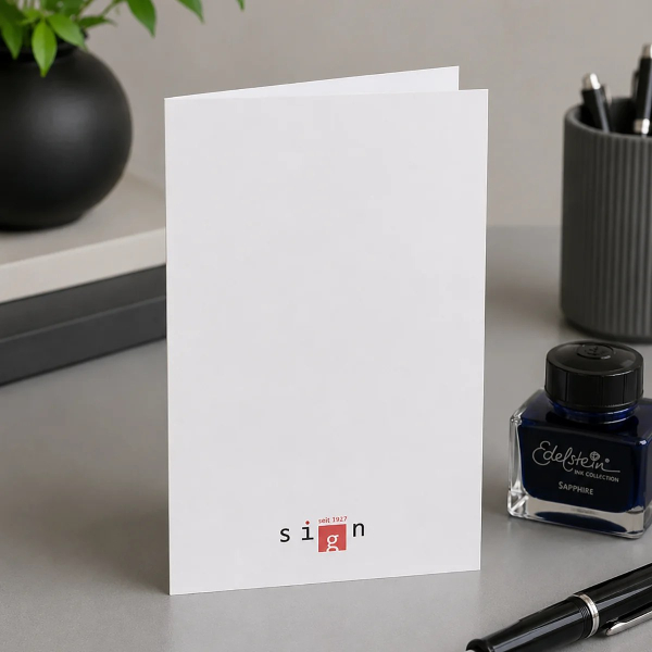 Trixi Gronau GIVE ME A SIGN greeting card, A6 portrait in white paper with a small deep-red square centered in the lower middle containing the word sign in fine white sans-serif lowercase, and to its left the phrase give me a in fine grey serif lowercase.