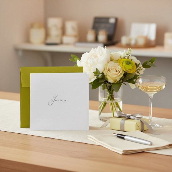 Trixi Gronau JUBILAEUM jubilee greeting card, 145x145 mm square in white paper with the single word Jubilaeum in fine grey serif script with an elegant flourished J centered on the card. A bright yellow-lime envelope is partly visible underneath as a colo