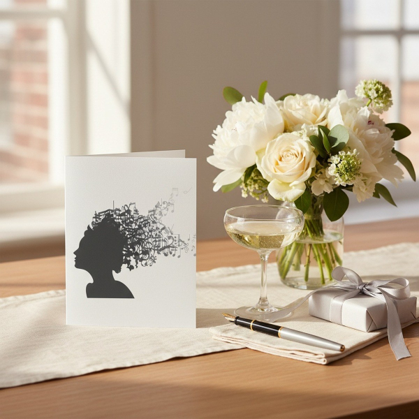 Trixi Gronau greeting card MUSIC HEAD, B6 portrait in white pearlescent paper with a stylised dark-grey silhouette of a woman's head with a cloud of music notes, clefs and treble symbols flowing out like windswept hair. On a warm light-oak desk with cream