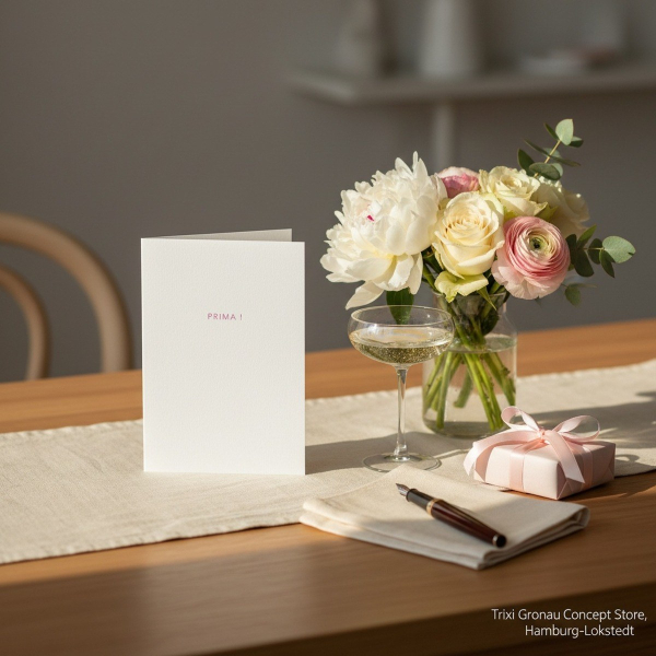 Trixi Gronau Grusskarte PRIMA !, B6 Hochformat in weissem Perlglanzpapier mit dem kleinen Wort PRIMA ! in feiner Soft-Pink Serifenschrift mittig in der oberen Haelfte, minimalistisch und ruhig. Auf hellem Eichen-Schreibtisch mit cremefarbenem Leinenlaeufe