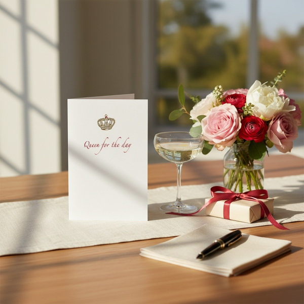Trixi Gronau greeting card QUEEN FOR THE DAY, B6 portrait in white pearlescent paper with a small antique-gold crown and ruby accent on top, below it Queen for the day in elegant red italic calligraphy. On a warm light-oak desk with cream linen runner, be
