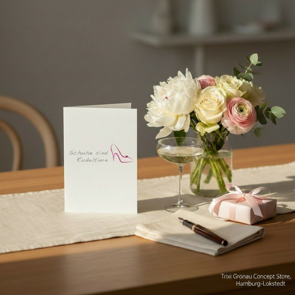 Trixi Gronau Grusskarte SHOES Schuhe sind Rudeltiere, B6 Hochformat in weissem Perlglanzpapier mit dem Satz Schuhe sind Rudeltiere in feiner grauer Handschrift links und kleinem skizzierten pink High-Heel Schuh rechts daneben, mittig in der oberen Haelfte