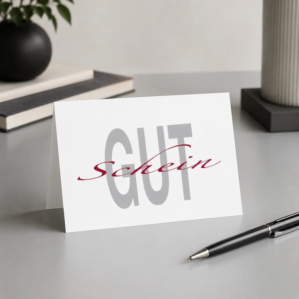 Trixi Gronau GUT SCHEIN grey-red voucher card, B6 landscape in white pearlescent paper with the large word GUT in light grey sans-serif underneath, crossing it in deep red elegant cursive script the word Schein, a clear graphic composition. On a light des