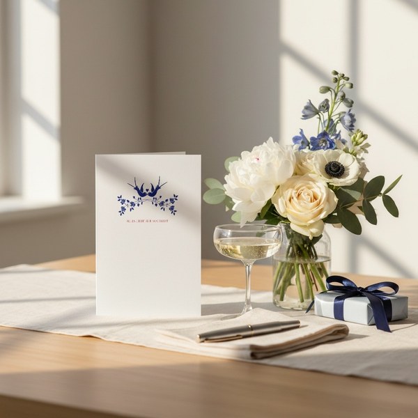 Trixi Gronau wedding card BIRDS Hochzeit, B6 portrait in white pearlescent paper with stylised navy swallows on a filigree branch and soft pink type. On a warm light-oak desk with cream linen runner, beside a bouquet of white peonies, navy delphinium, whi