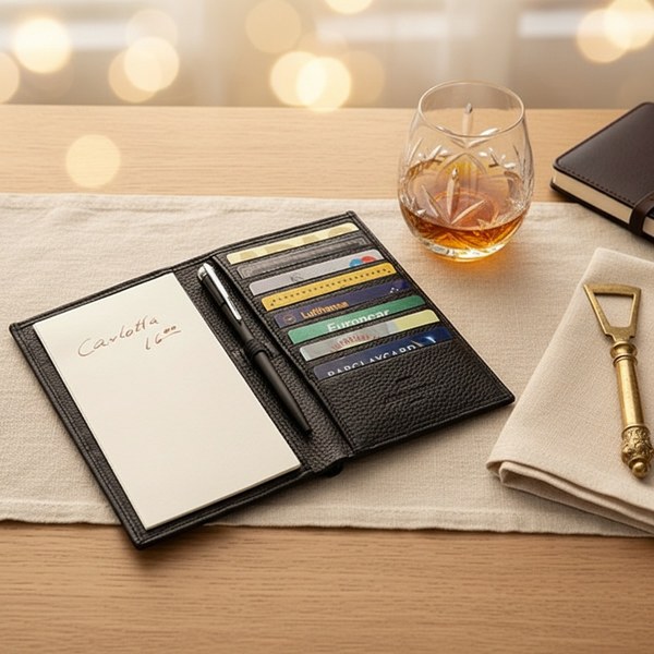 Trixi Gronau MORRIS travel wallet in black deer leather, shown open on a light oak desk with a cream linen runner. Left side notepad with Carlotta 16,00 entry, right side multiple card slots filled with cards and a slim black fountain pen in the central h
