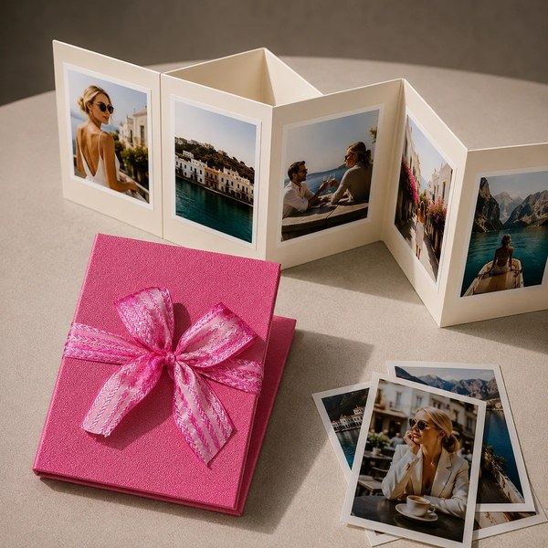 Trixi Gronau NELLI Galluchat Pink photo leporello, small accordion album unfolded with five travel photos. Beside it the closed album in pink galluchat embossing, wrapped with a delicate pink satin ribbon. Three additional polaroid photos. On a light crea