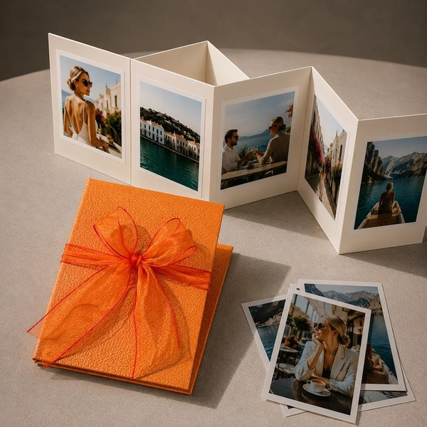 Trixi Gronau NELLI orange photo leporello, small accordion album unfolded with five travel photos. Beside it the closed album in bright orange embossing, wrapped with an orange satin ribbon. Three additional polaroid photos. On a light cream surface, warm