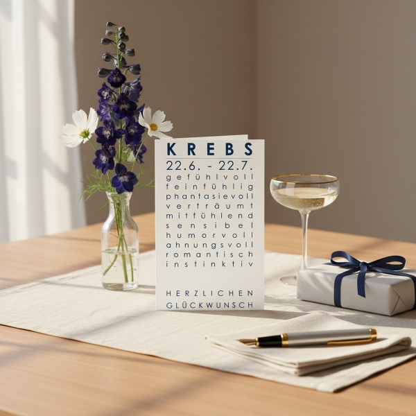 Trixi Gronau zodiac card KREBS (Cancer), A6 portrait in deep navy blue with elegant typography and birthday greeting HERZLICHEN GLUECKWUNSCH. On a light oak desk with cream linen, beside navy delphiniums and white cosmos in a glass vase, a wrapped gift wi
