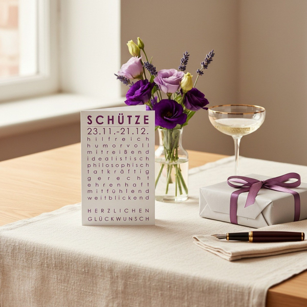 Trixi Gronau zodiac card SCHUETZE (Sagittarius), A6 portrait in plum purple with elegant typography and birthday greeting HERZLICHEN GLUECKWUNSCH. On a light oak desk with cream linen, beside purple lisianthus and lavender in a glass vase, a wrapped gift 