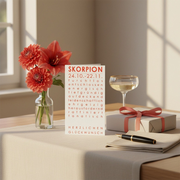Trixi Gronau zodiac card SKORPION (Scorpio), A6 portrait in bright coral-red with elegant typography and birthday greeting HERZLICHEN GLUECKWUNSCH. On a light oak desk with cream linen, beside coral dahlias and amaryllis in a glass vase, a wrapped gift wi