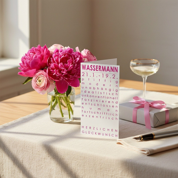 Trixi Gronau zodiac card WASSERMANN (Aquarius), A6 portrait in bright magenta-pink with elegant typography and birthday greeting HERZLICHEN GLUECKWUNSCH. On a light oak desk with cream linen, beside hot-pink peonies and ranunculus in a glass vase, a wrapp