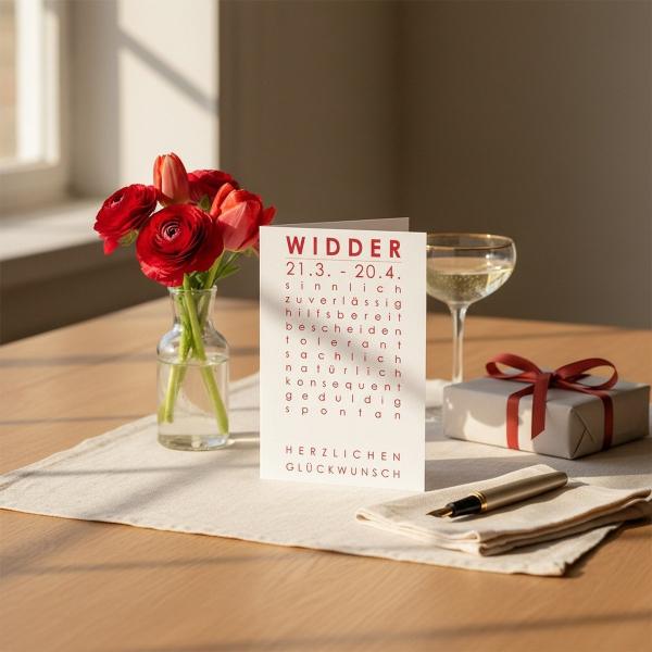 Trixi Gronau zodiac card WIDDER (Aries), A6 portrait in classic warm red with elegant typography and birthday greeting HERZLICHEN GLUECKWUNSCH. On a light oak desk with cream linen, beside red ranunculus and tulips in a glass vase, a wrapped gift with red