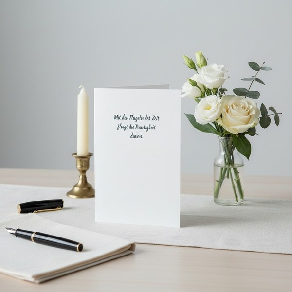 Trixi Gronau sympathy card FLUEGEL DER ZEIT, B6 portrait in pure white with dark-grey italic script of the poem Mit den Fluegeln der Zeit fliegt die Traurigkeit davon. On a light desk with cream linen runner, beside white Eustoma, cream rose and eucalyptu