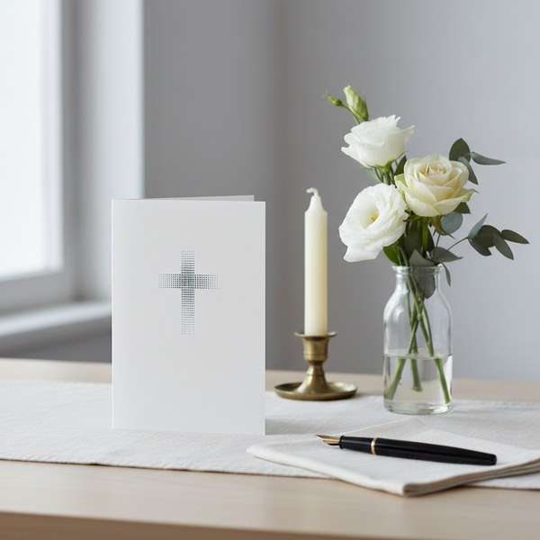 Trixi Gronau Trauerkarte KREUZ DOTTED, B6 Hochformat in reinem Weiss mit feinem dunkelgrauen Kreuz aus Punkte-Raster (Halbton-Muster) in der oberen Mitte. Auf hellem Schreibtisch mit cremefarbenem Leinen-Laeufer, daneben kleines stilles Bouquet aus weisse