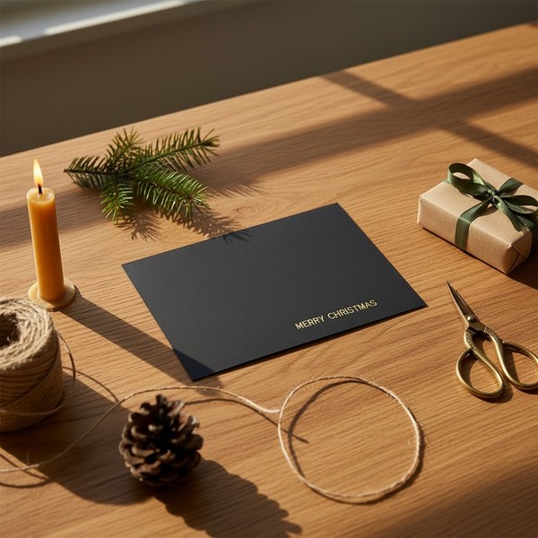 Trixi Gronau Christmas card HOT MERRY CHRISTMAS A5 landscape in matte black with gold MERRY CHRISTMAS foil. On an elegant oak desk with fir sprig, beeswax candle, brass scissors, pine cone, jute twine and a kraft-paper gift with green satin ribbon. Trixi 