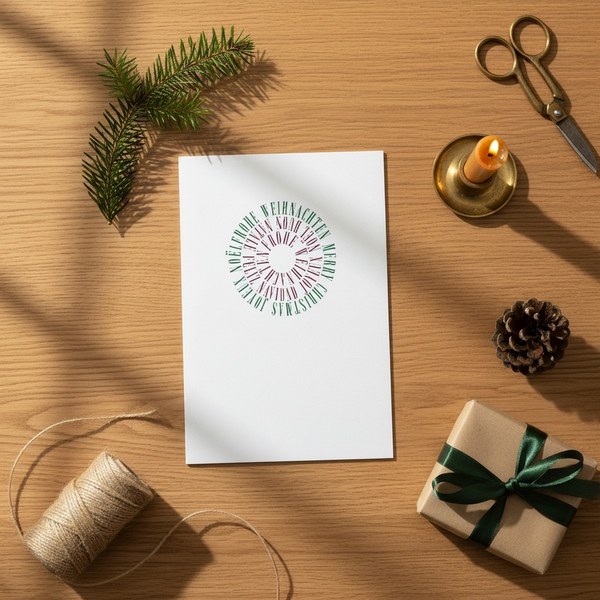 Trixi Gronau Christmas card A5 MERRY CHRISTMAS CIRCLE, white portrait with multilingual typographic circle (Frohe Weihnachten, Merry Christmas, Joyeux Noel, Feliz Navidad) in wine red and dark green. Desk arrangement with fir sprig, antique brass candleho