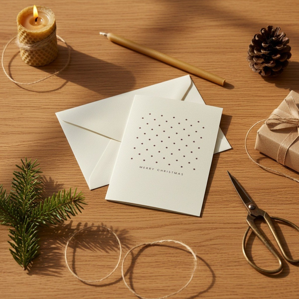 Trixi Gronau Weihnachtskarte MINI STERNE, cremefarbene Klappkarte mit Raster aus zarten dunkel-bordeaux Sechspunkt-Sternen und MERRY CHRISTMAS in feiner Schrift, dahinter passender Umschlag. Auf Eichen-Schreibtisch mit Tannenzweig, Bienenwachskerze, Messi