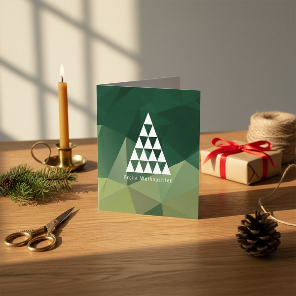 Trixi Gronau Christmas card POLYGON XMASTREE B6 portrait, low-poly geometric green landscape with white triangle-Christmas-tree and Frohe Weihnachten text. Standing on an oak desk with beeswax candle, fir sprig, brass scissors, jute twine and a kraft-pape