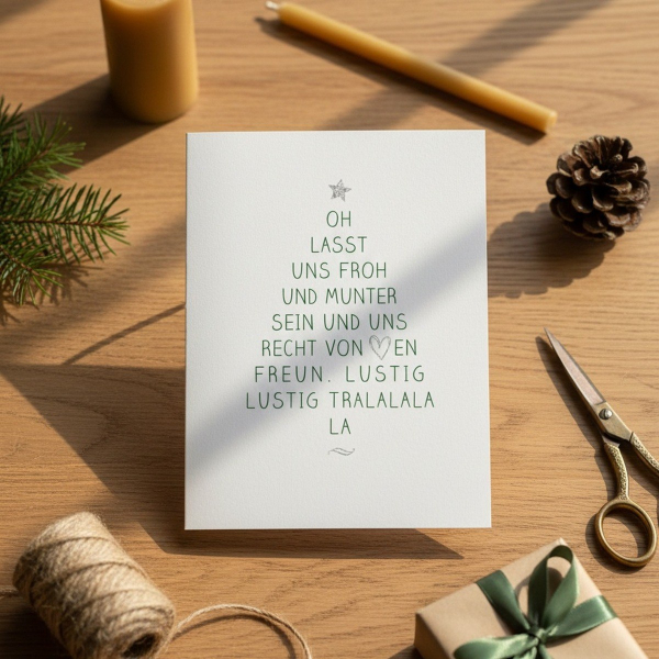 Trixi Gronau Weihnachtskarte A5 TANNENBAUM LASS UNS FROH UND MUNTER SEIN, weisses Hochformat mit silbernem Stern und dunkelgruenem Liedtext in Tannenbaum-Form. Festliches Schreibtisch-Arrangement mit Tannenzweig, Bienenwachskerzen, Messing-Schere und Gesc