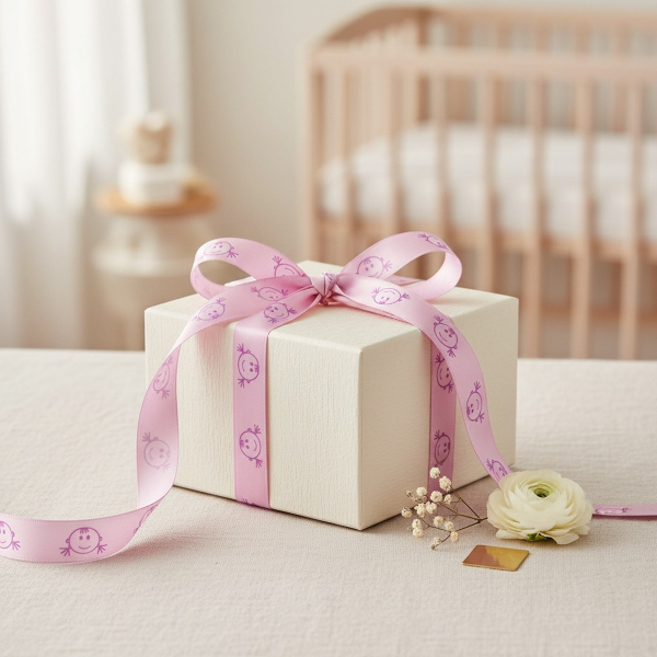 Vivant Geschenkband BABY FACE rosa (16 mm) als zarte Schleife auf cremefarbenem Babygeschenk, mit Schleierkraut und weisser Ranunkel auf weichem Leinen. Stilvolle Verpackung fuer Geburt und Taufe. Trixi Gronau Concept Store, Hamburg-Lokstedt.