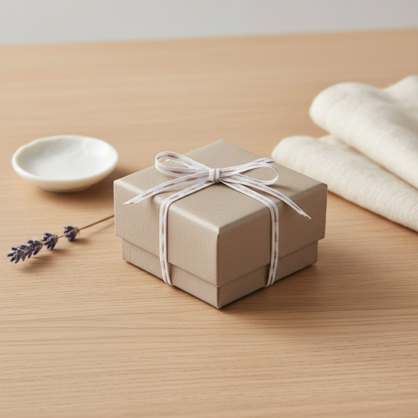 Vivant DASHY very fine ribbon in white with taupe edges (4 mm) tied as a delicate bow on a small jewellery gift wrapped in taupe paper, on pale oak with lavender and linen napkin. Delicate touch for small gifts. Trixi Gronau Concept Store, Hamburg.