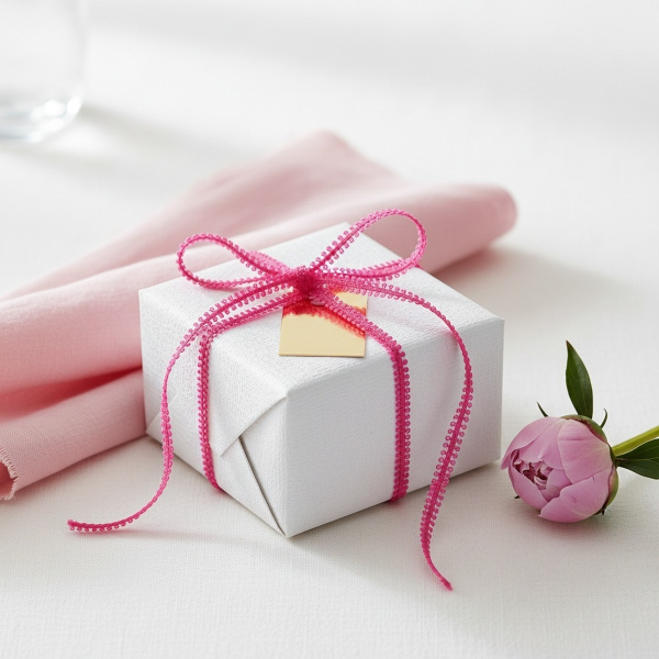 Vivant LOOP ribbon in playful bright pink (8 mm) tied as a perky bow on a white-wrapped gift, with a pink peony bud and gold gift tag on soft white. Fresh feminine wrapping. Trixi Gronau Concept Store, Hamburg.