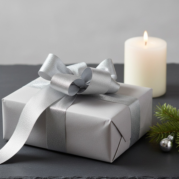 Vivant Geschenkband METALLIC SHINE silber (38 mm) als grosse glaenzende Schleife auf Geschenk in hellgrauem Papier, mit Tannenzweig und Silberkugel auf dunklem Schiefer. Moderne Weihnachts-Eleganz. Trixi Gronau Concept Store, Hamburg-Lokstedt.