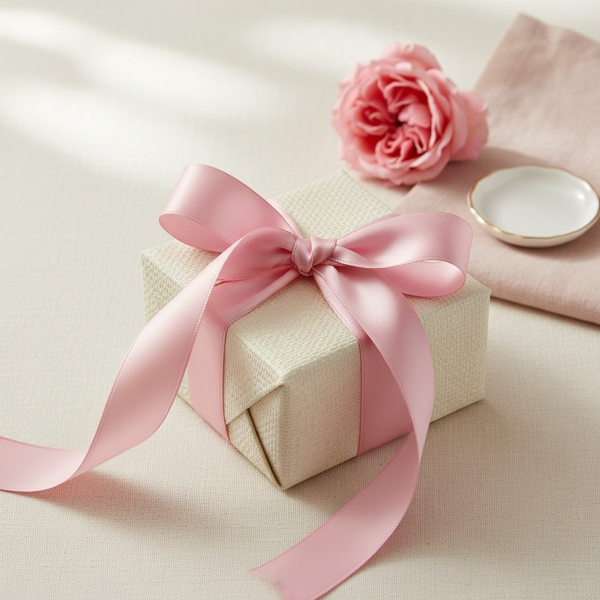 Vivant Geschenkband SATIN rosa (25 mm) als zarte Schleife auf cremefarbenem Geschenk, mit frischer Gartenrose auf weichem Leinen. Romantische feminine Verpackung. Trixi Gronau Concept Store, Hamburg-Lokstedt.