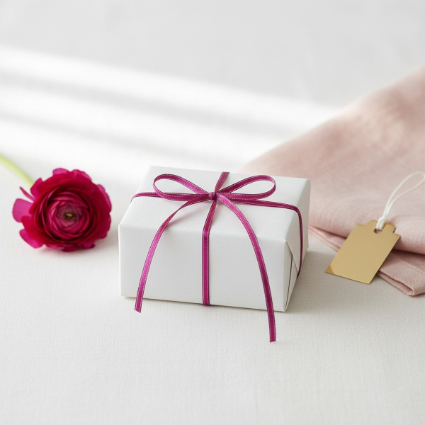 Vivant TIFFANY very fine ribbon in fuchsia (3 mm) tied as a most delicate bow on a small white-wrapped jewellery gift, with a fuchsia ranunculus and gold tag. Delicate touch for the smallest gifts. Trixi Gronau Concept Store, Hamburg.