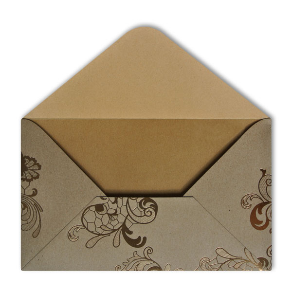 Geschenkumschlag braun mit goldener Heißfolienprägung, offen