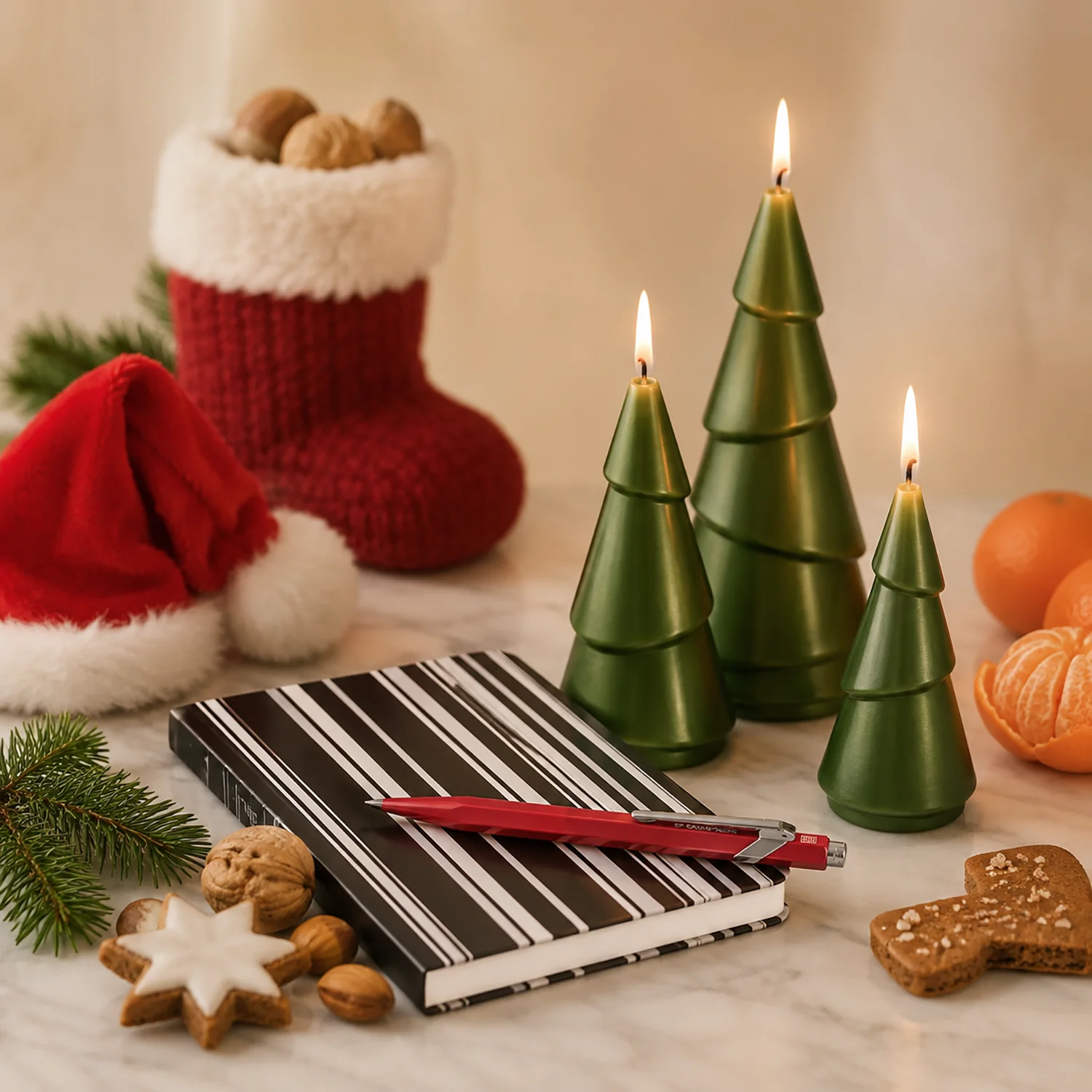 St Nicholas gift idea with a Caran d&rsquo;Ache ballpoint pen, a Nuuna notebook and angel candles