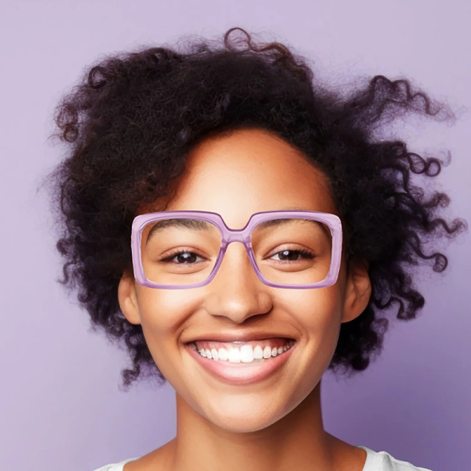 Doubleice Flow reading glasses in pink worn against a lilac background