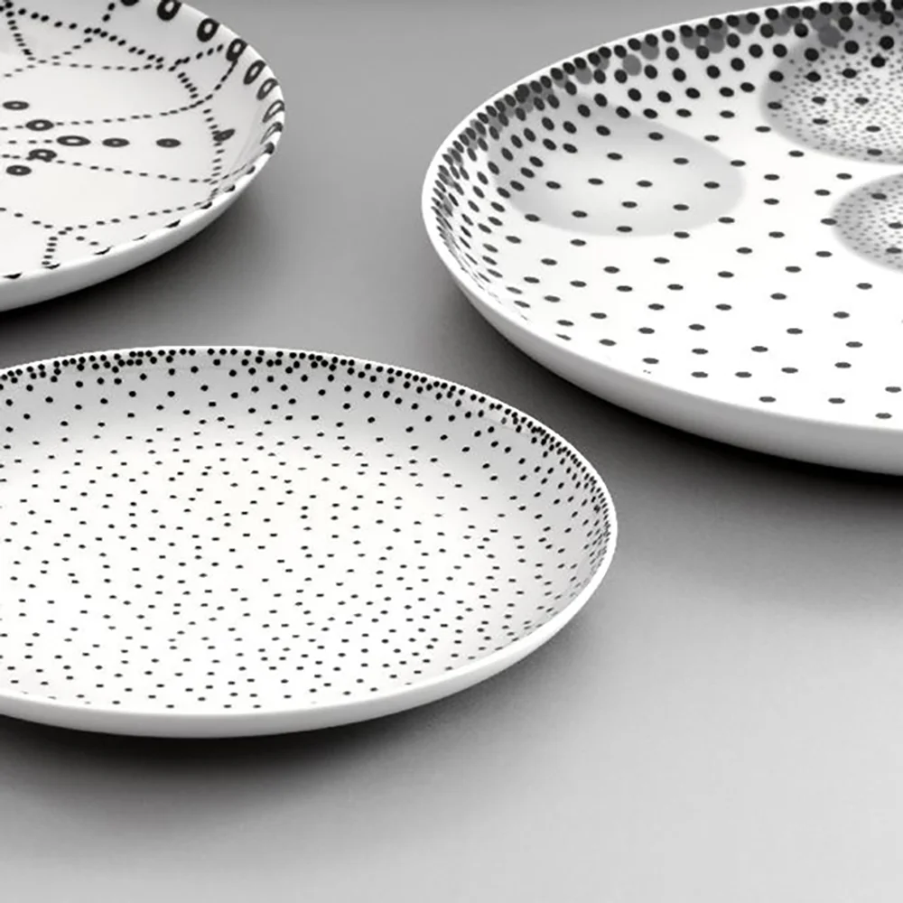 Reichenbach Medina porcelain in black and white with a graphic dot pattern
