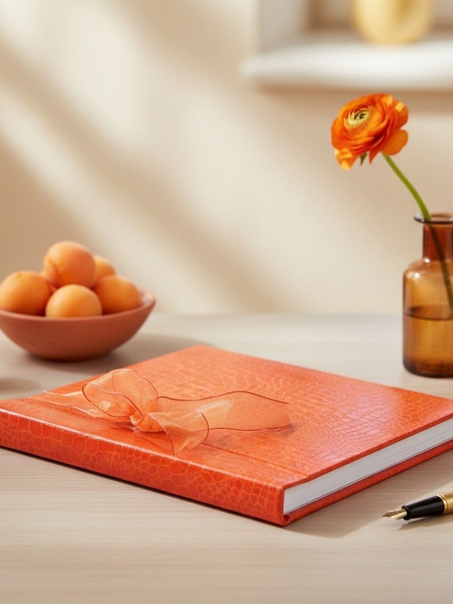 Orange photo album on a light table with a vase and a bowl