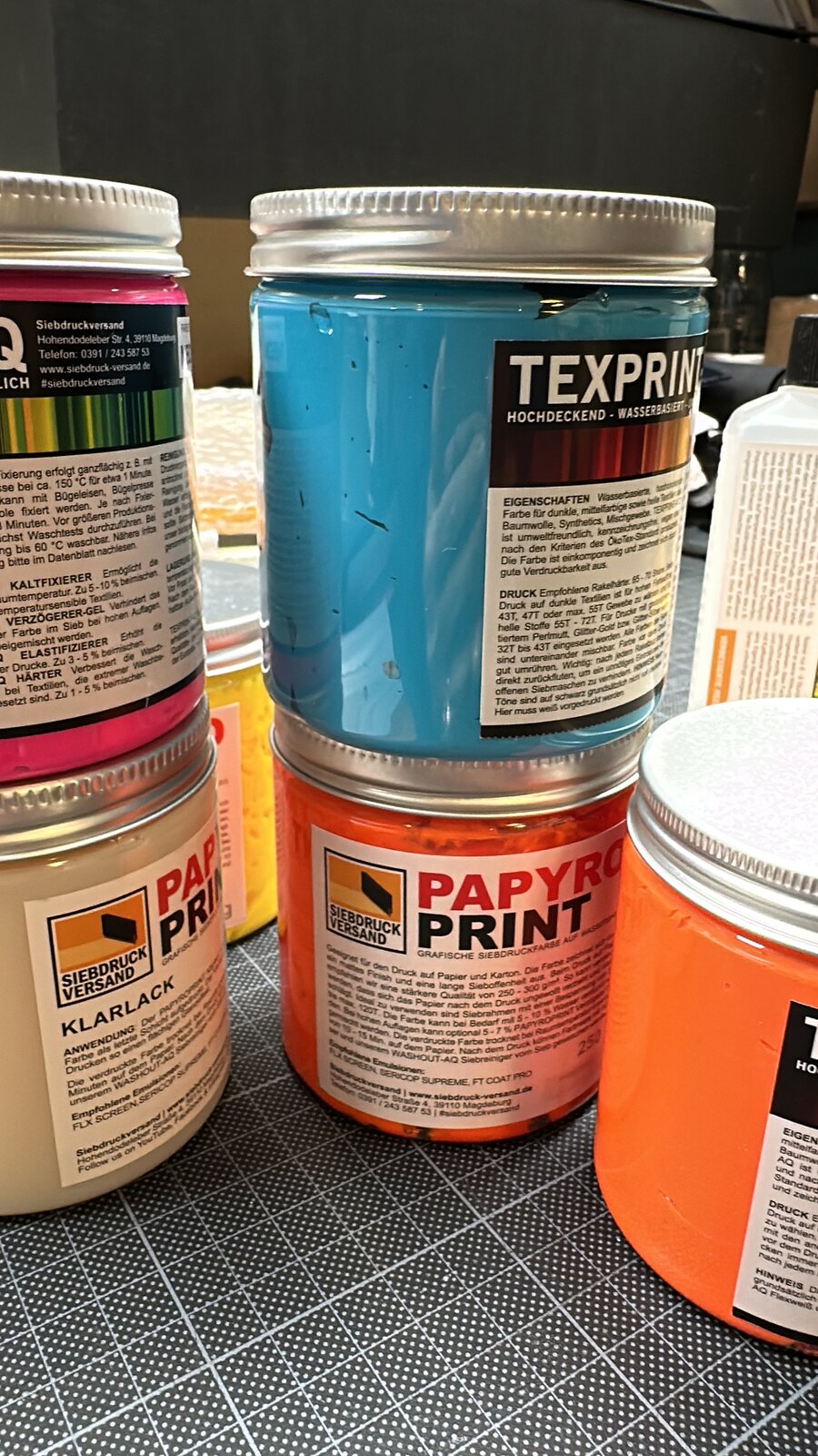 Screen printing inks and squeegee at the Trixi Gronau print studio in Hamburg