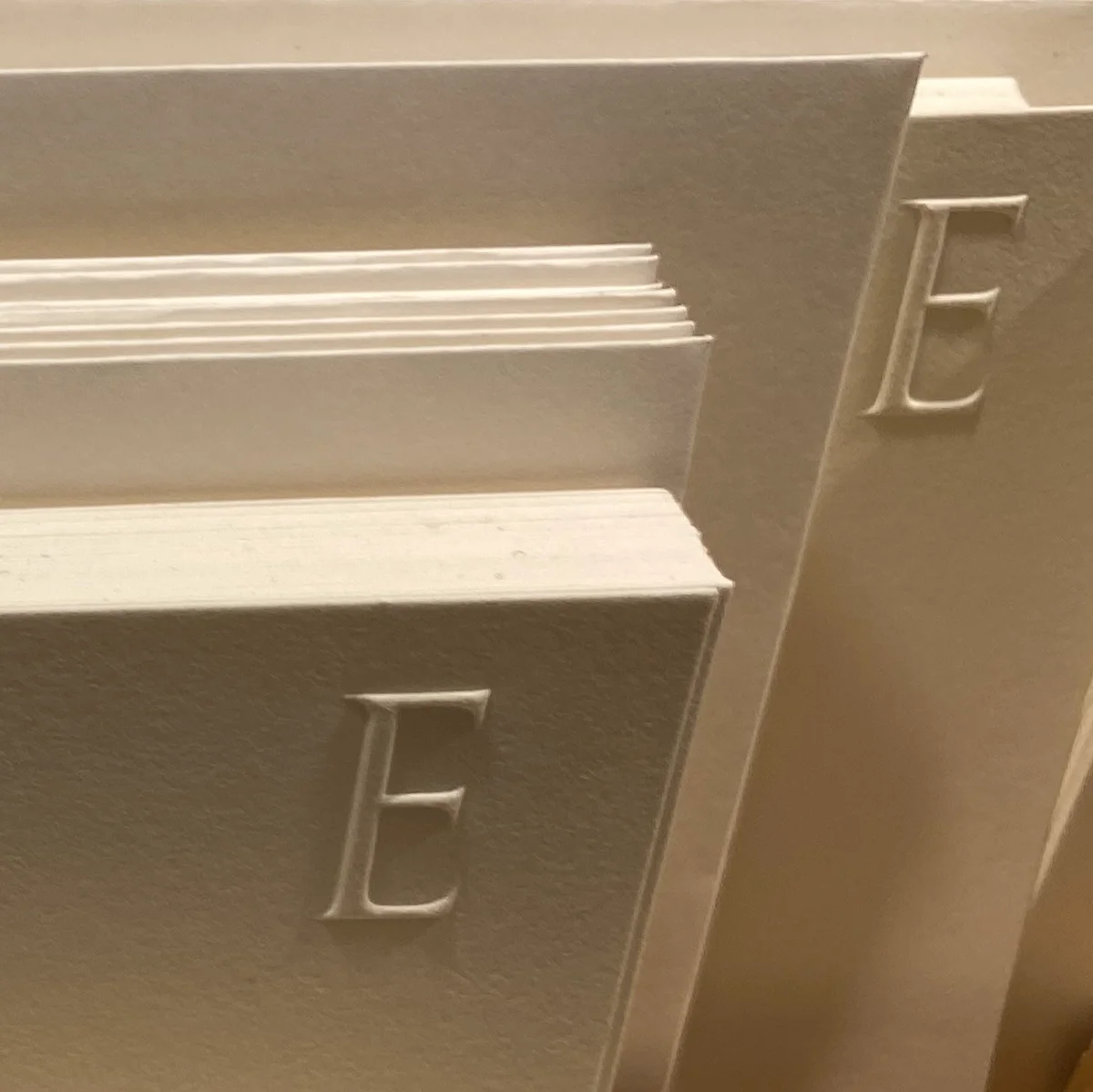 Raised letter E as sculptural blind embossing with die and counter die