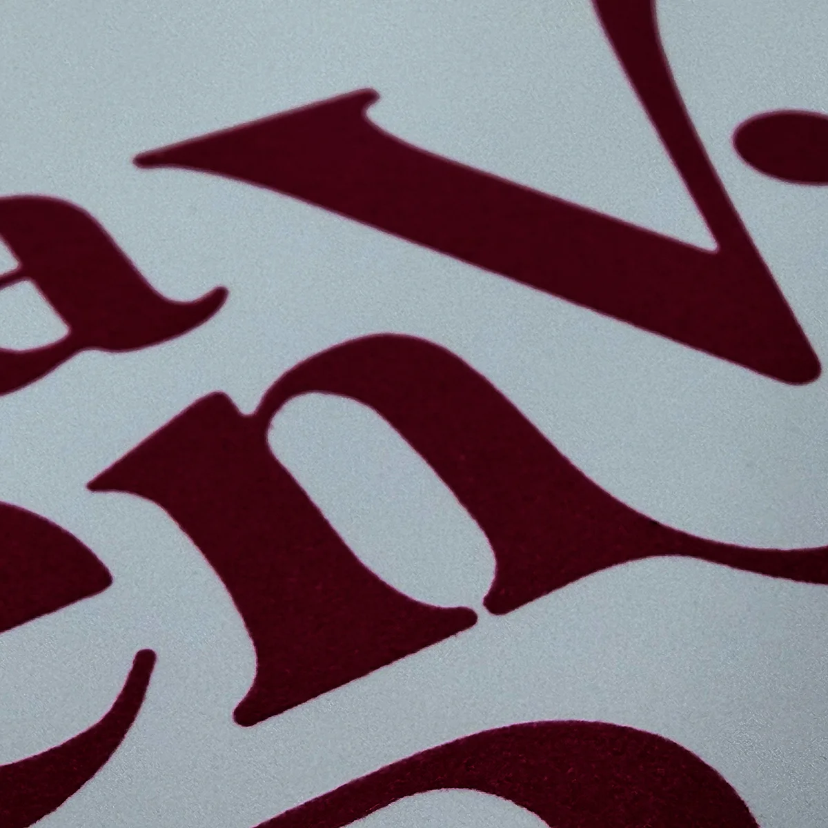 Close-up of raised red lettering produced in thermography on light paper